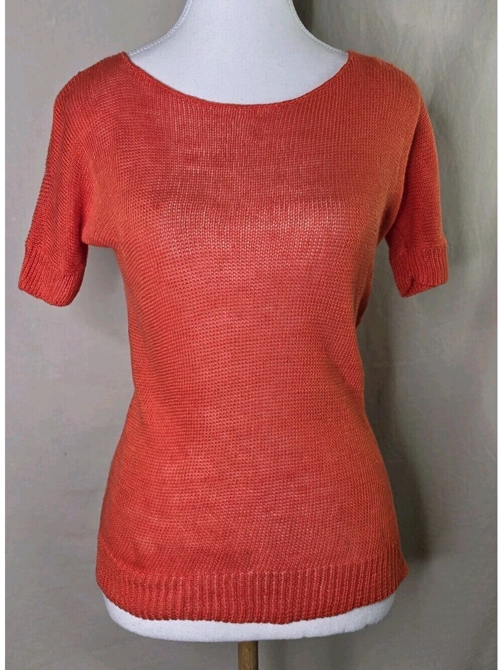 Theory Womens S 100% Linen Open Knit Short Sleeve Top Orange Coral Scoop Neck